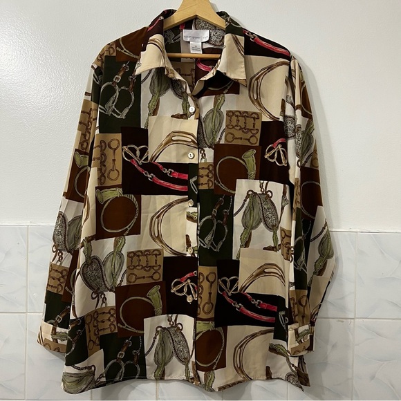 Susan Graver Tops - Susan Graver Women XL Beige Equestrian Classic Long Sleeve Artsy Button Up Shirt